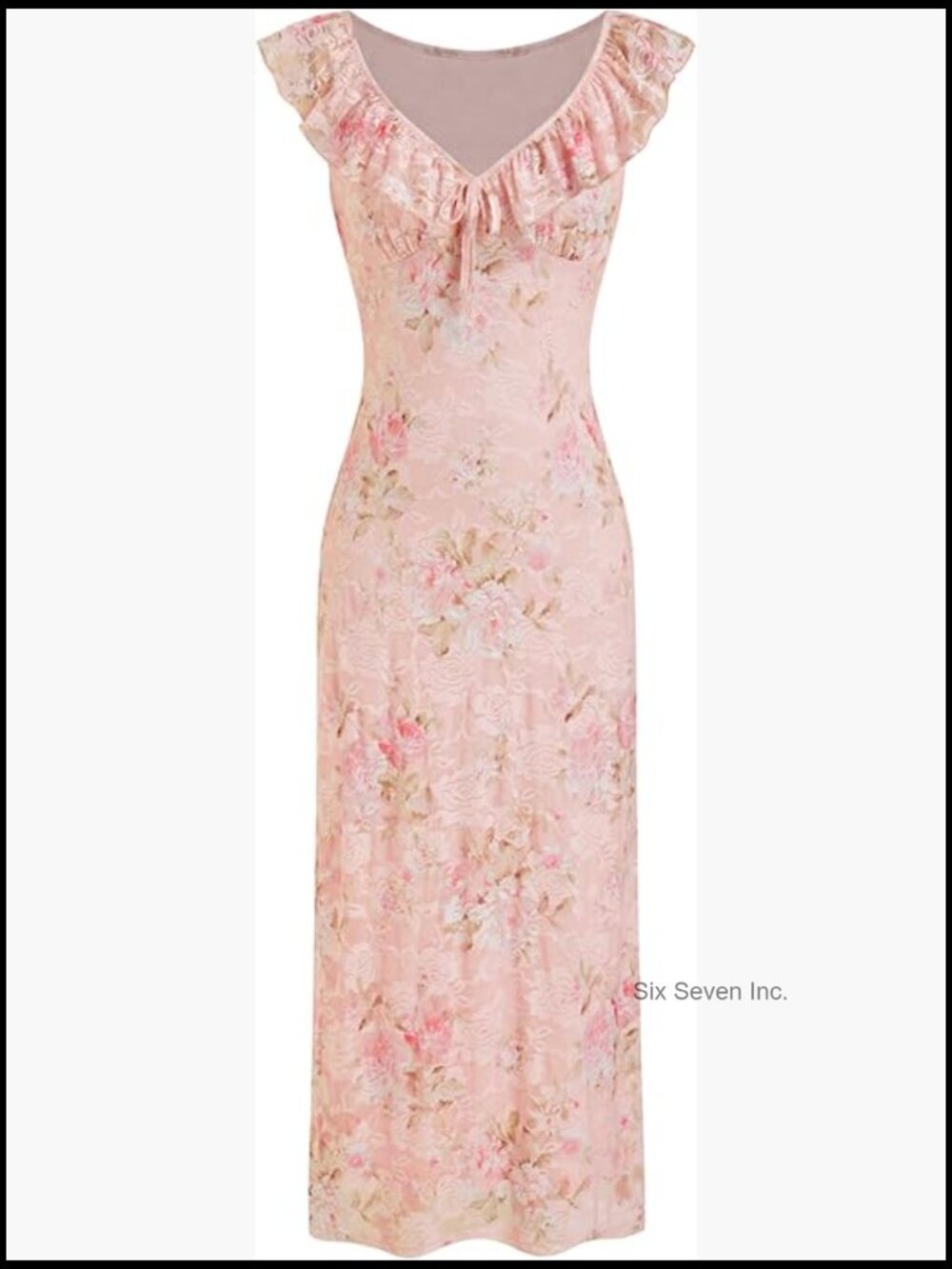 Polyester Blend Maxi Dress with Floral Print and Ruffle Shoulders